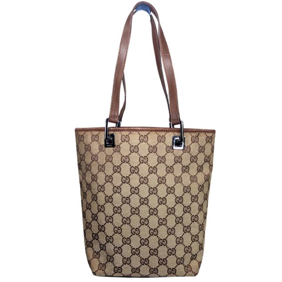 Gucci Handbags - Gucci GG Canvas Brown Leather Bucket Tote Shoulder Bag 31244 002058